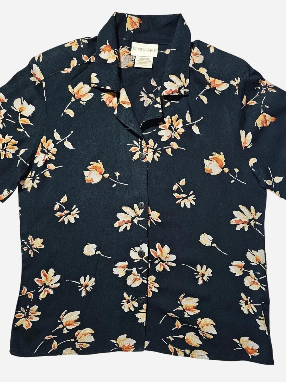 Christie & Jill Vintage Black Floral Short-Sleeve Button Front Blouse
